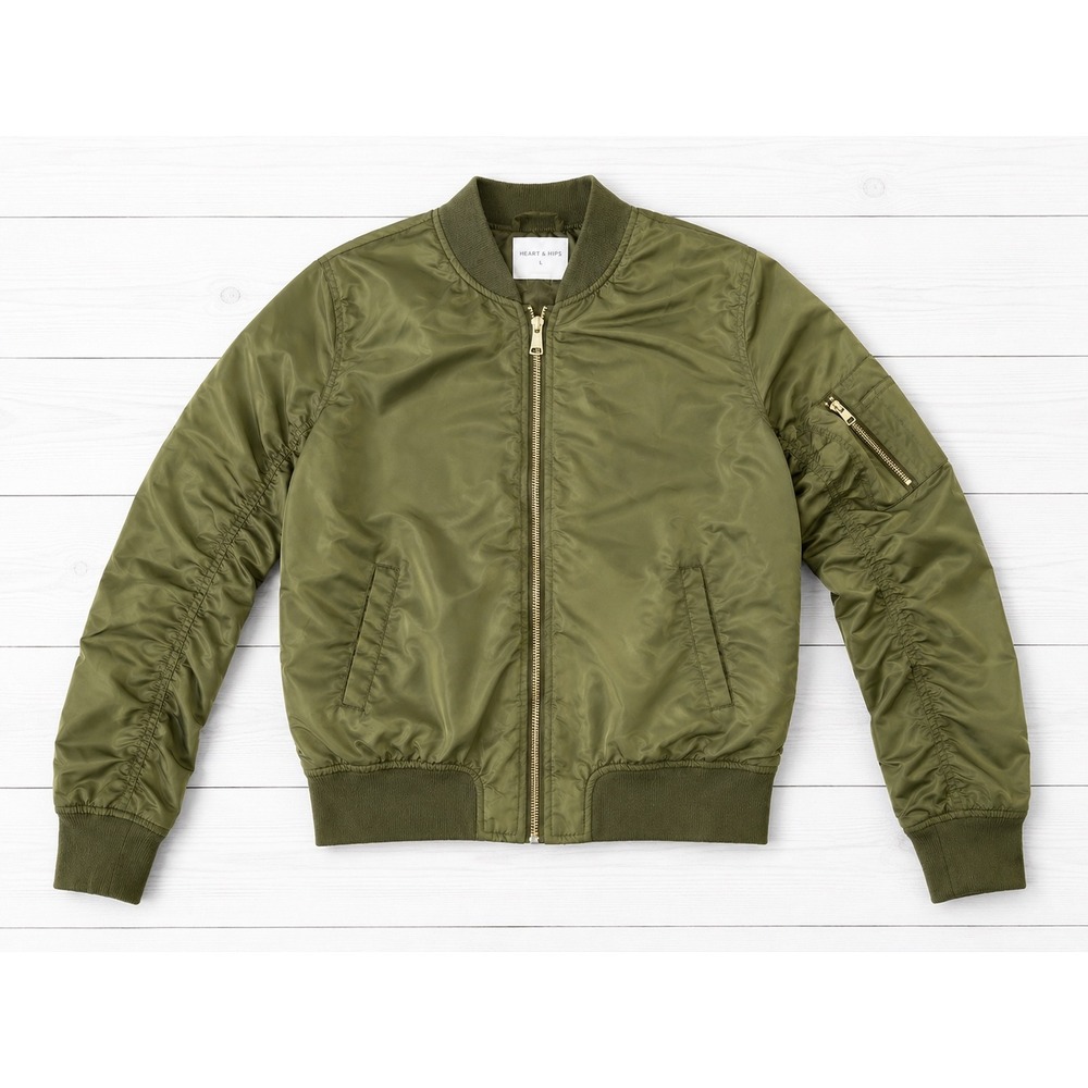 Heart & Hips Womens Bomber Jacket Large Olive‎ Green MA-1 Zip Flight Jacket